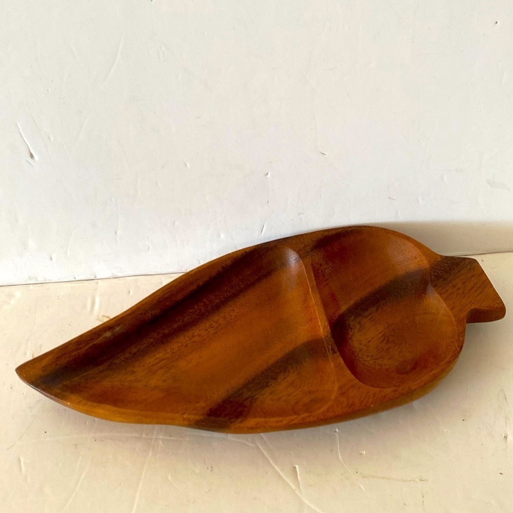 Wood leaf shaped trinket dish mid-century modern 9” x 4 1/2” teak 2 compartments